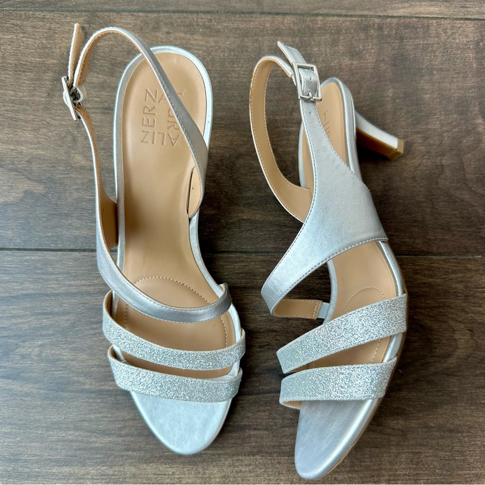 Naturalizer Taimi Slingback Dress Sandals Heels - Size 10.5 M - Silver / Glitter
